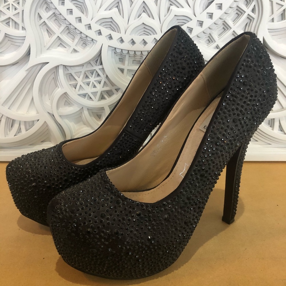 Kiss Kouture “Tulip” black sparkle platform heels